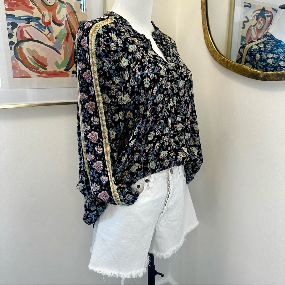 Free People Black Relaxed Blouse with Mandarin Collar and Floral Pattern Size M